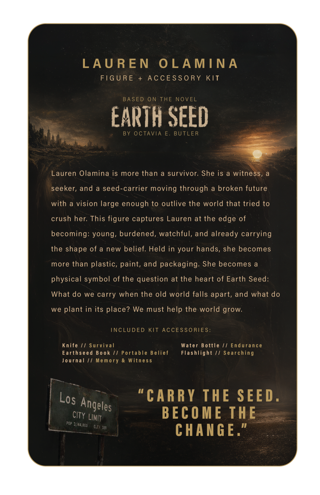 Back of the Earthseed package, connecting the character, story, and brand.