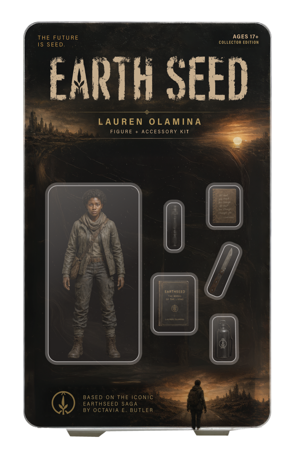 Dane Wirtzfeld’s Earthseed blister-pack prototype, featuring Lauren Olamina and her symbolic accessories.